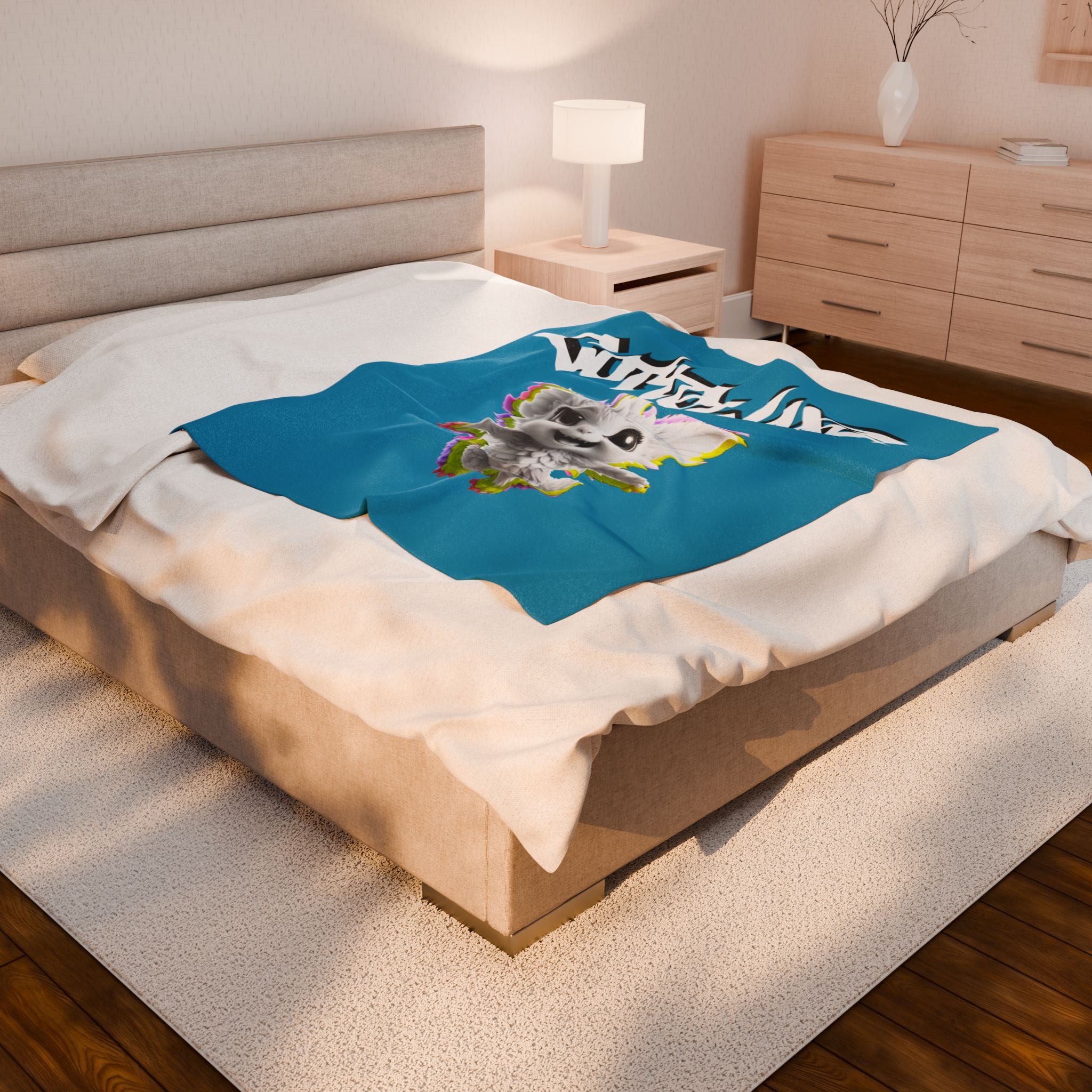 Gothique Script Logo Velveteen Plush Blanket, White Graffiti Text, logo "COTTOLUXE"