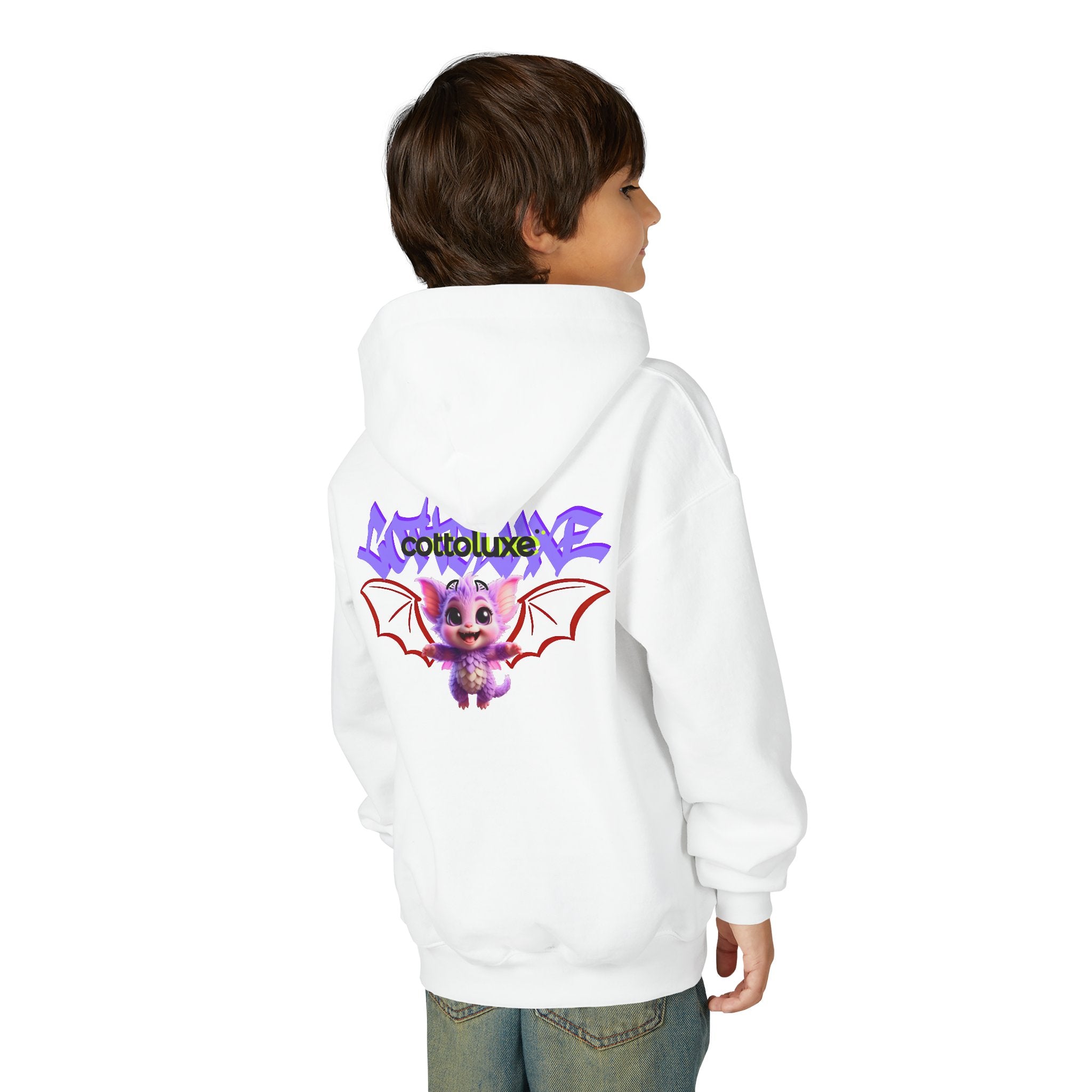 Cute Purple Bat Youth Hoodie — COTTOLUXE Cartoon Creature Graphic
