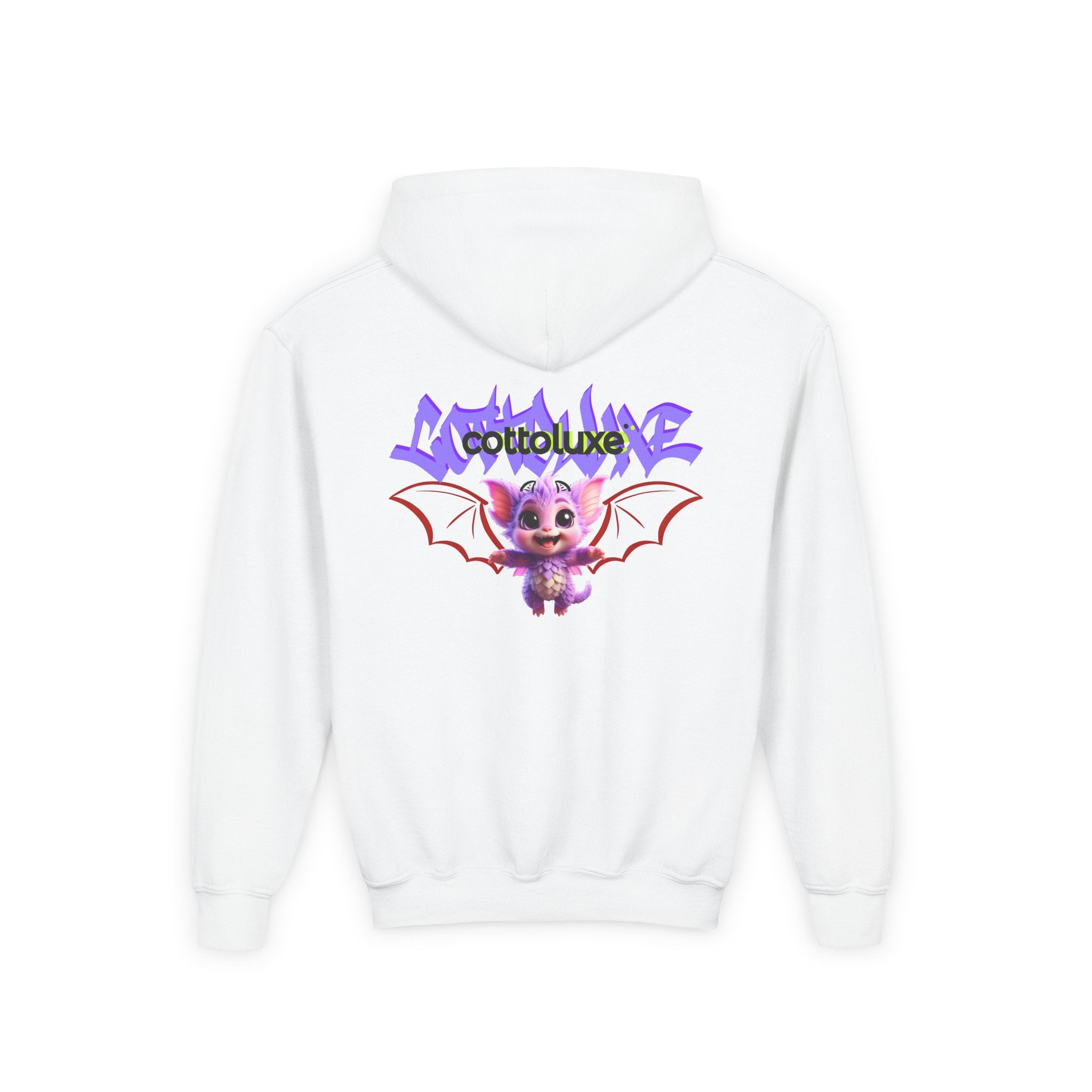 Cute Purple Bat Youth Hoodie — COTTOLUXE Cartoon Creature Graphic