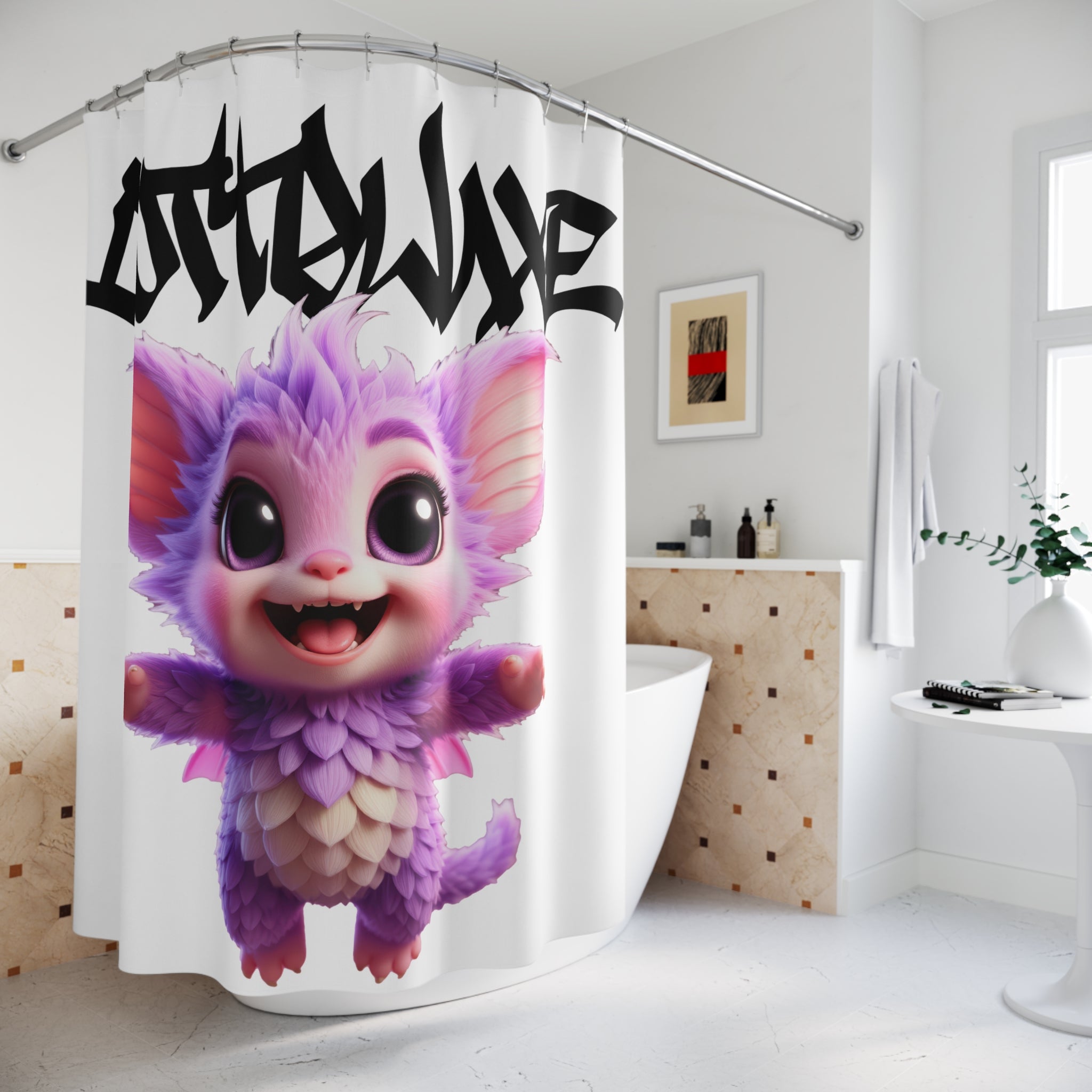 Yume Kawaii Dragon Cat Shower Curtain, Purple Fantasy Bathroom Decor with 'Gottawave' Graffiti, logo "COTTOLUXE"