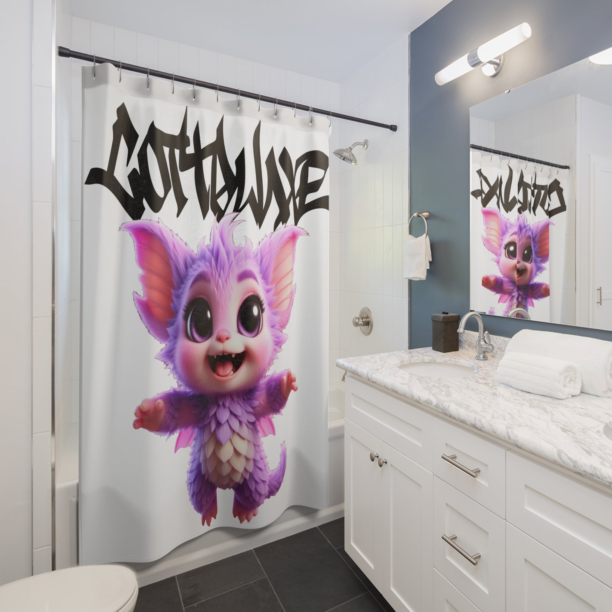 Yume Kawaii Dragon Cat Shower Curtain, Purple Fantasy Bathroom Decor with 'Gottawave' Graffiti, logo "COTTOLUXE"