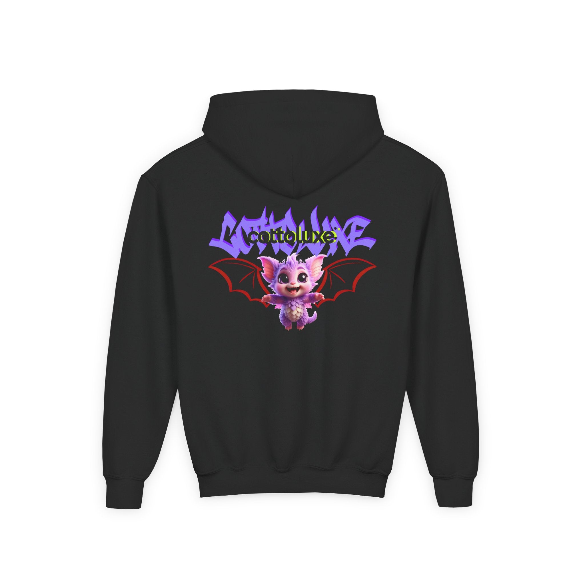 Cute Purple Bat Youth Hoodie — COTTOLUXE Cartoon Creature Graphic