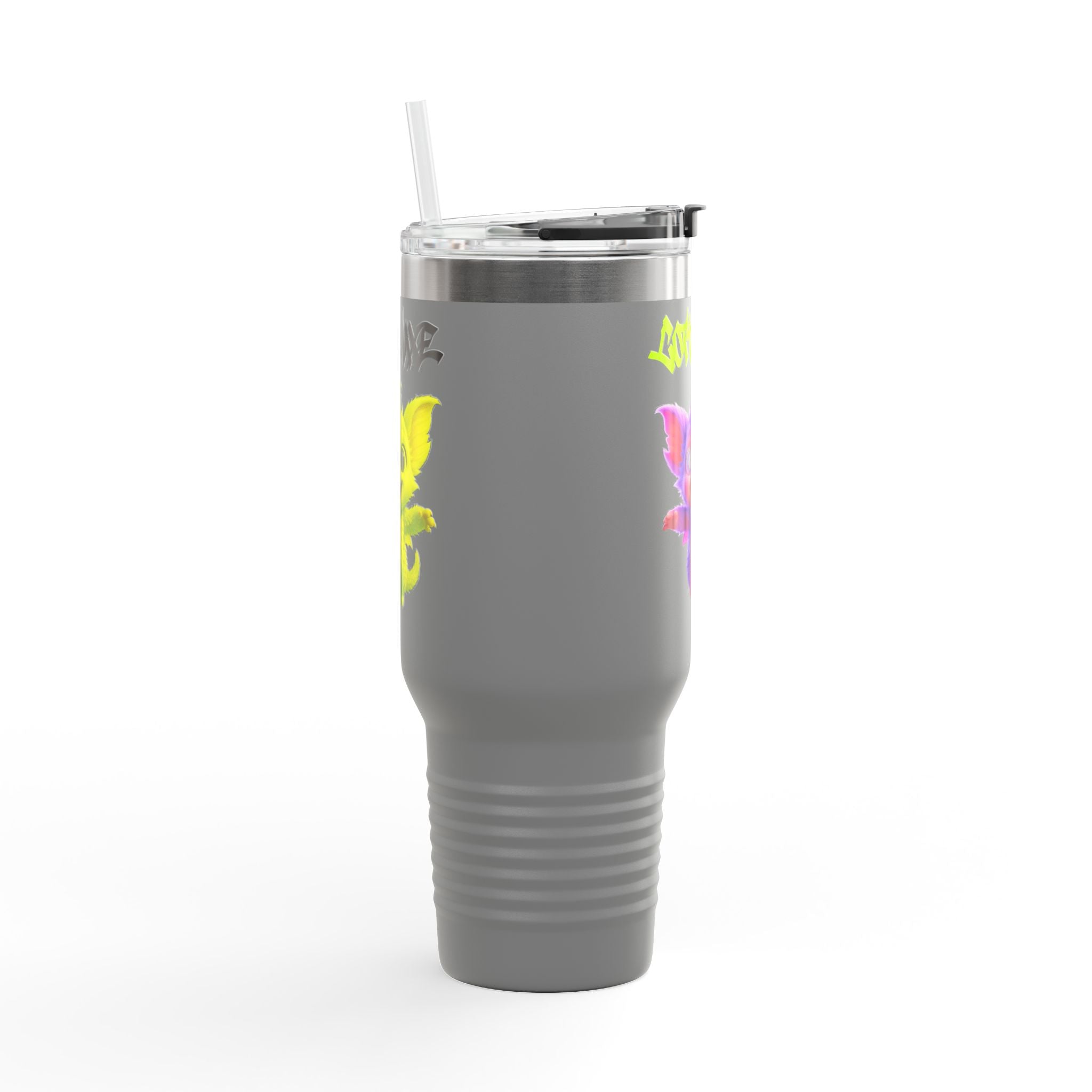 Cute Purple Creature with Graffiti Text 40oz Travel Mug, Insulated Tumbler, logo "COTTOLUXE"