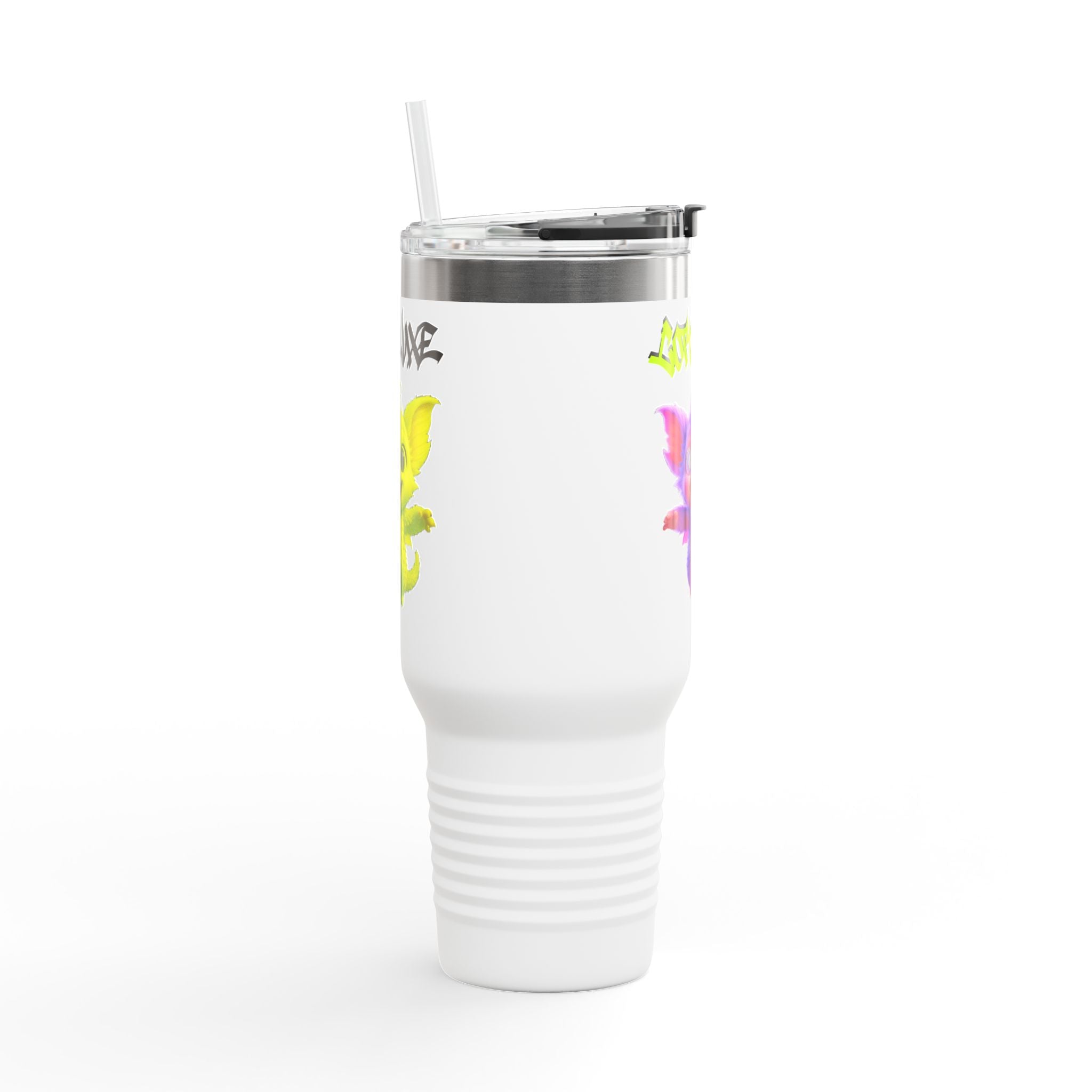 Cute Purple Creature with Graffiti Text 40oz Travel Mug, Insulated Tumbler, logo "COTTOLUXE"
