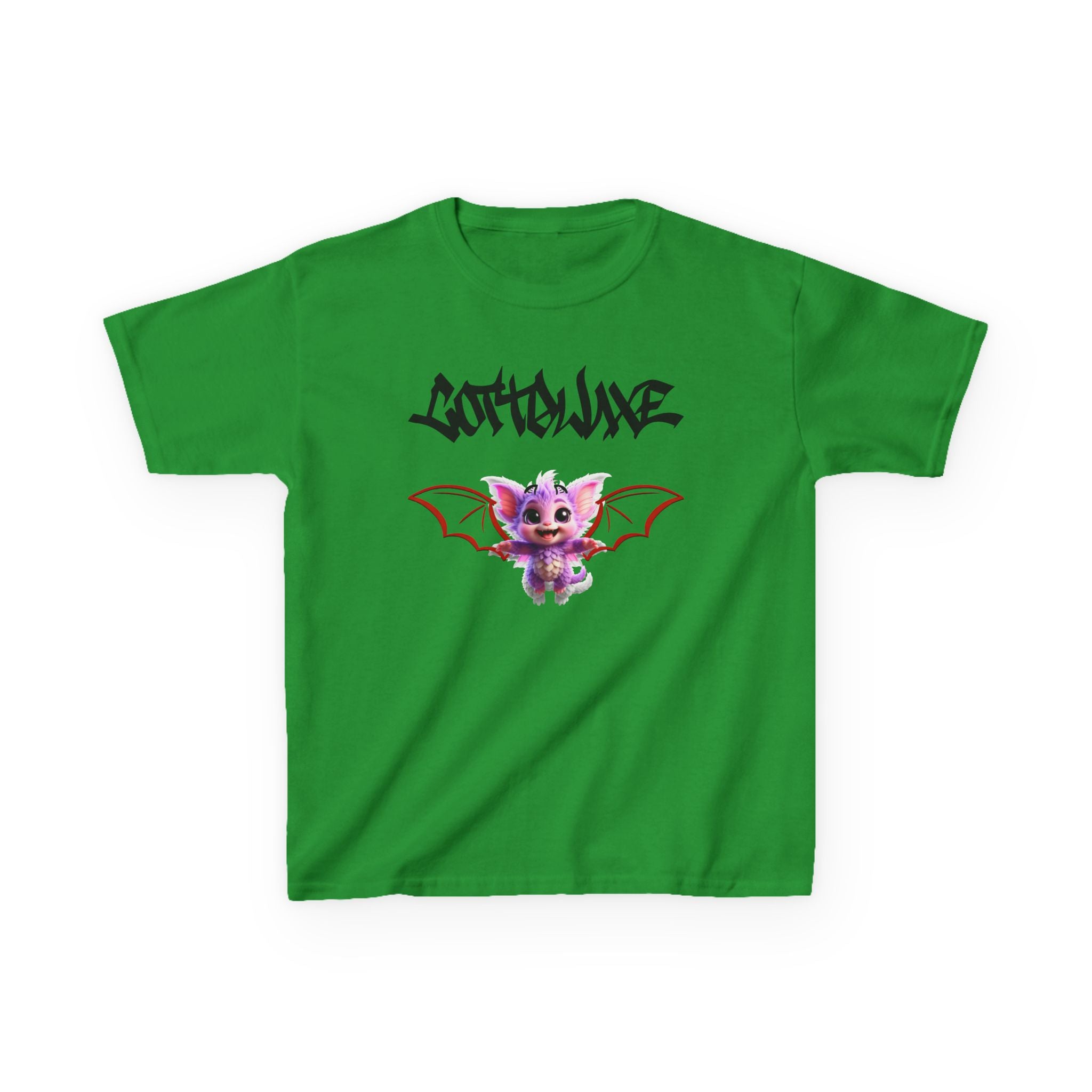 T-Shirt white - Cute Green Yume Kawaii Dragon Cat Kids - Bat Wings, Graffiti Text - logo "COTTOLUXE"