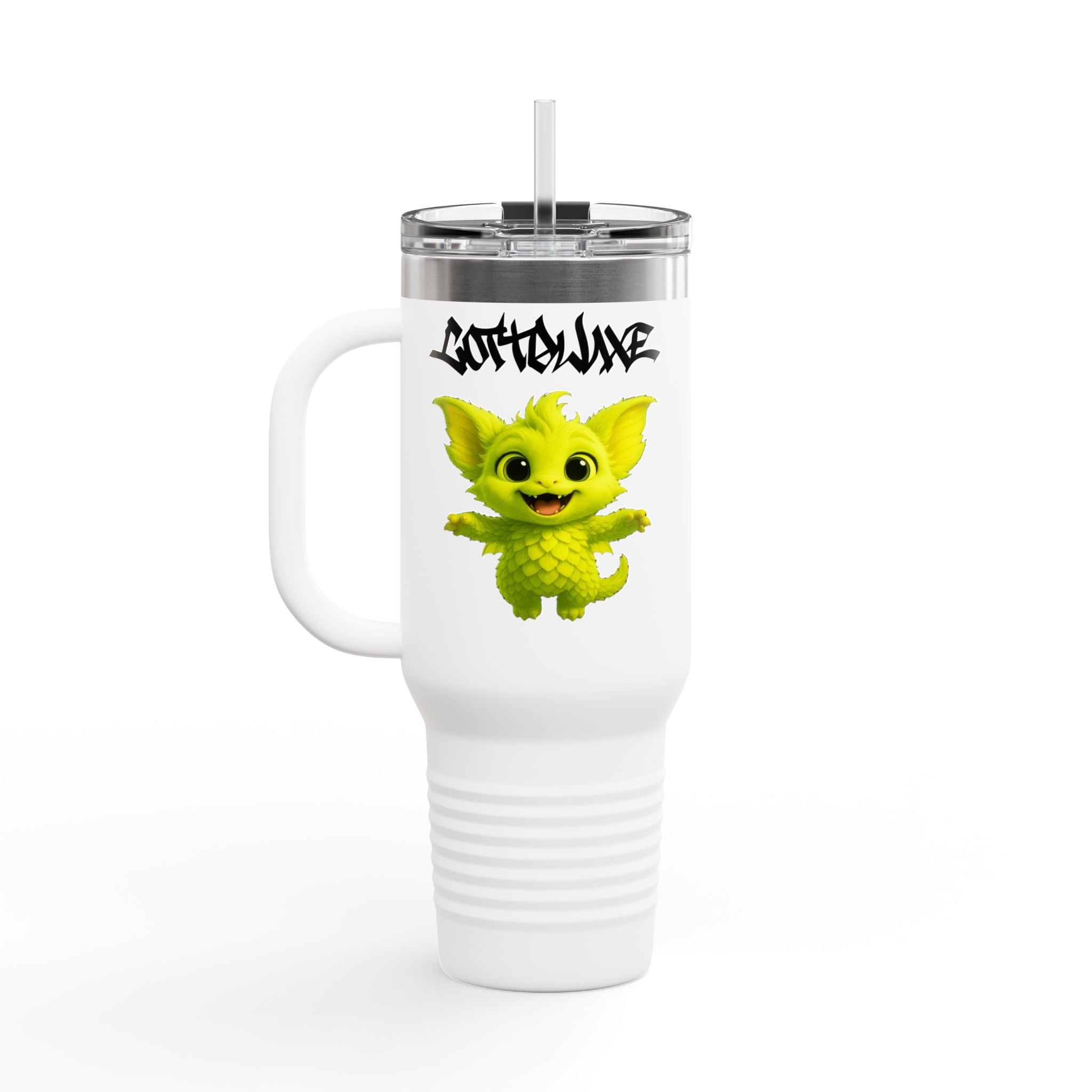 Cute Purple Creature with Graffiti Text 40oz Travel Mug, Insulated Tumbler, logo "COTTOLUXE"