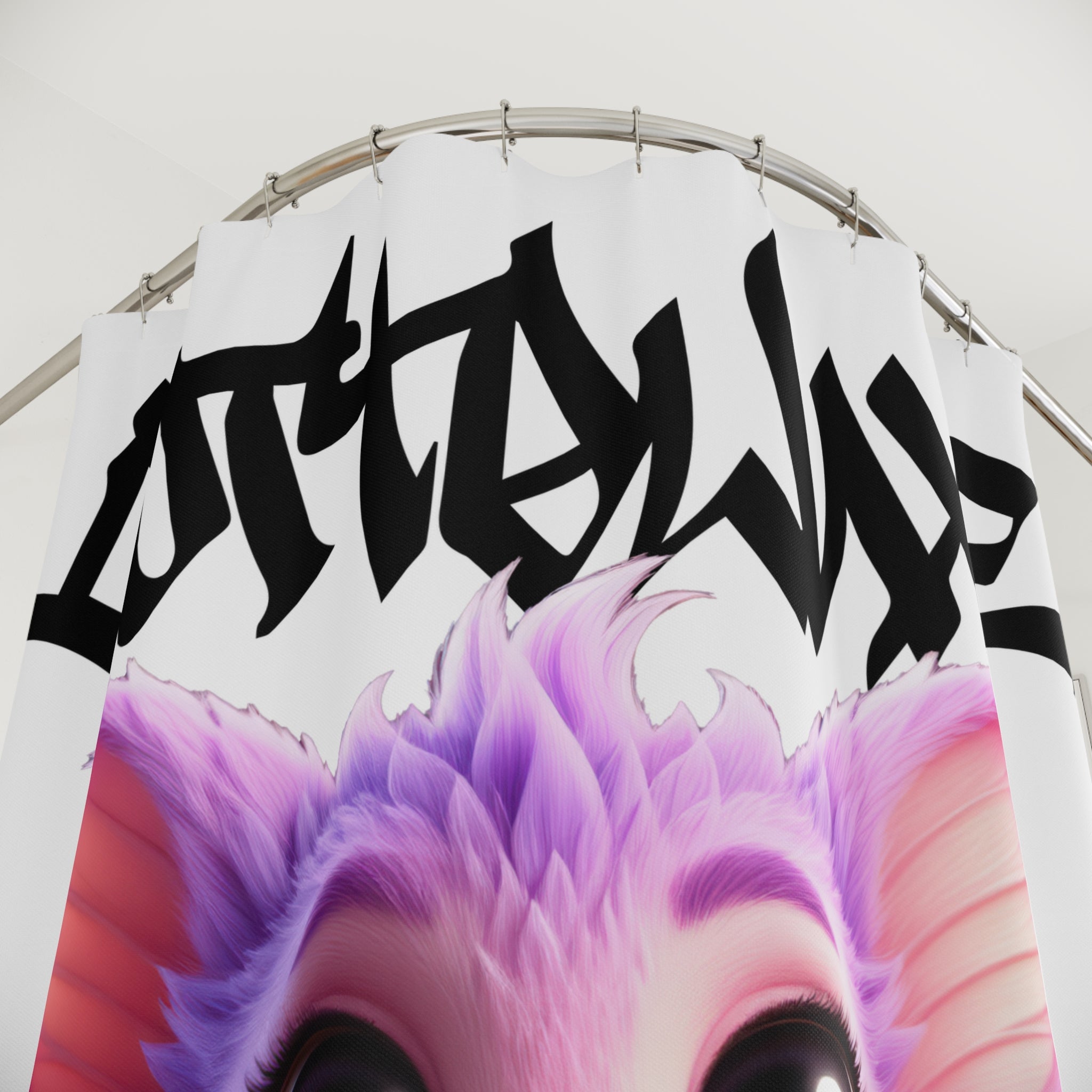 Yume Kawaii Dragon Cat Shower Curtain, Purple Fantasy Bathroom Decor with 'Gottawave' Graffiti, logo "COTTOLUXE"
