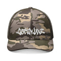 Yellow Green Graffiti Script Camouflage Trucker Hat | Embroidered Camo Trucker COTTOLUXE