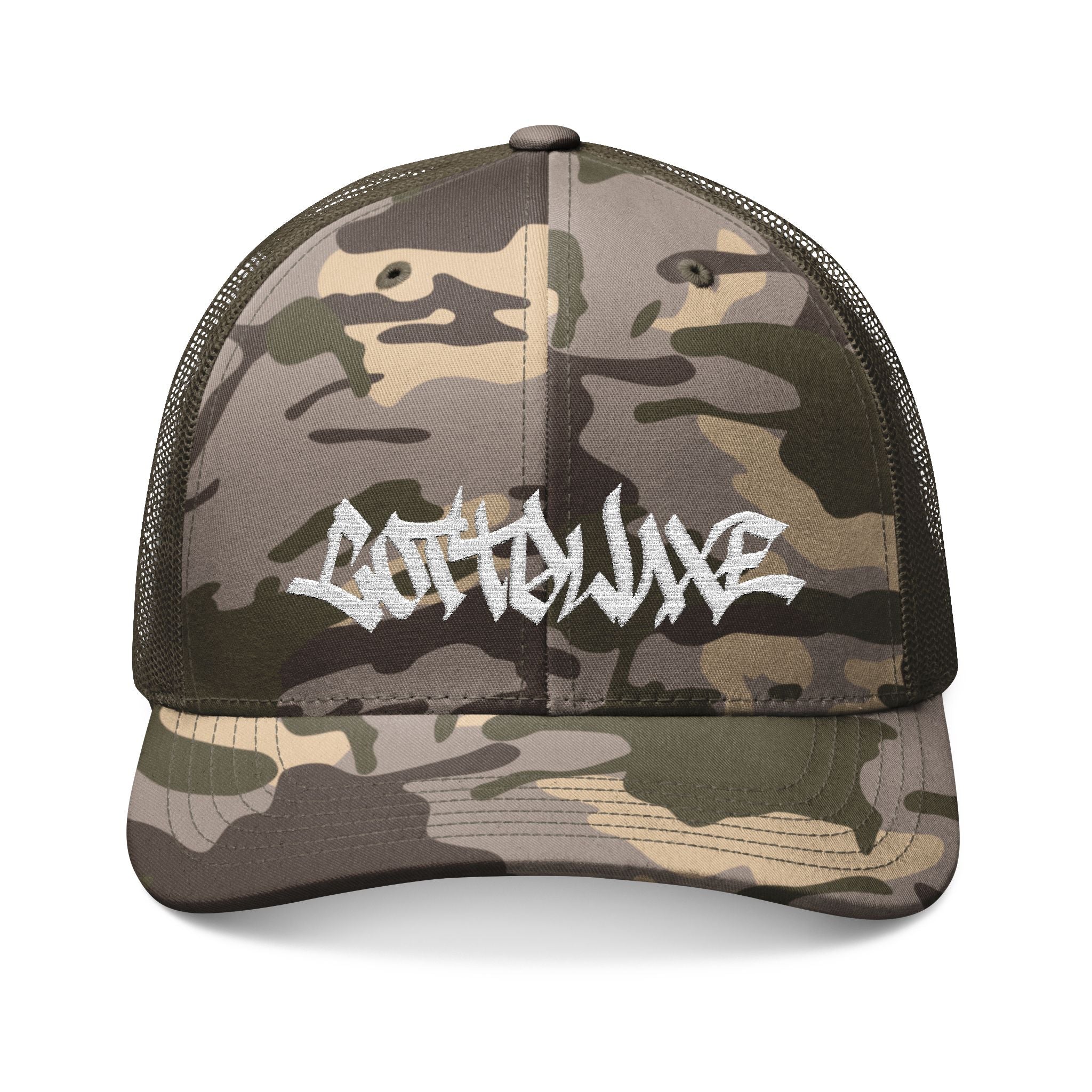 Yellow Green Graffiti Script Camouflage Trucker Hat | Embroidered Camo Trucker COTTOLUXE