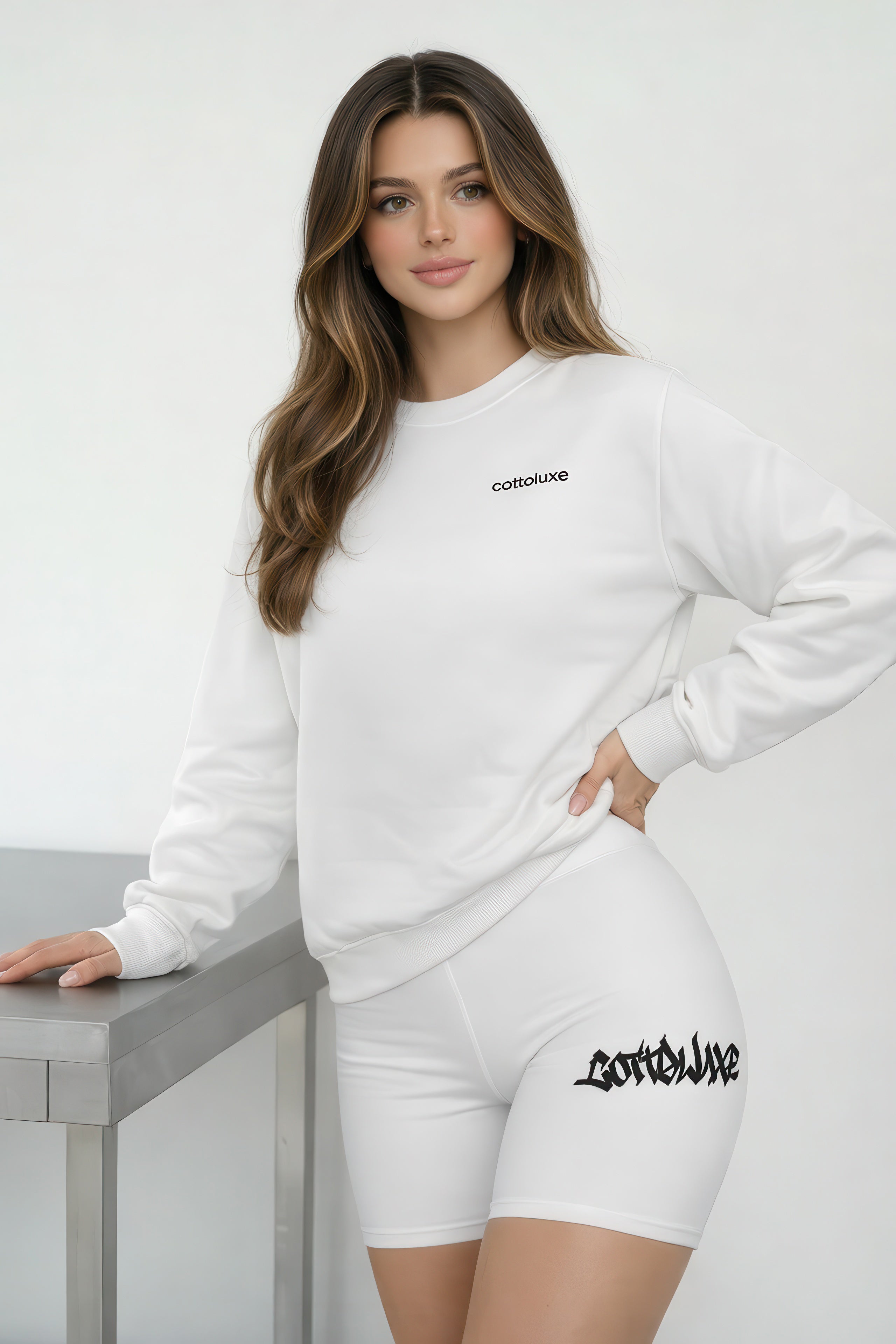 COTTOLUXE Graffiti Script Bike Shorts — Women's White Cycling Shorts with 'Cotte' Side Design