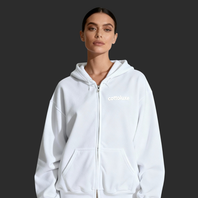 COTTOLUXE Full-Zip Chest Logo Hoodie