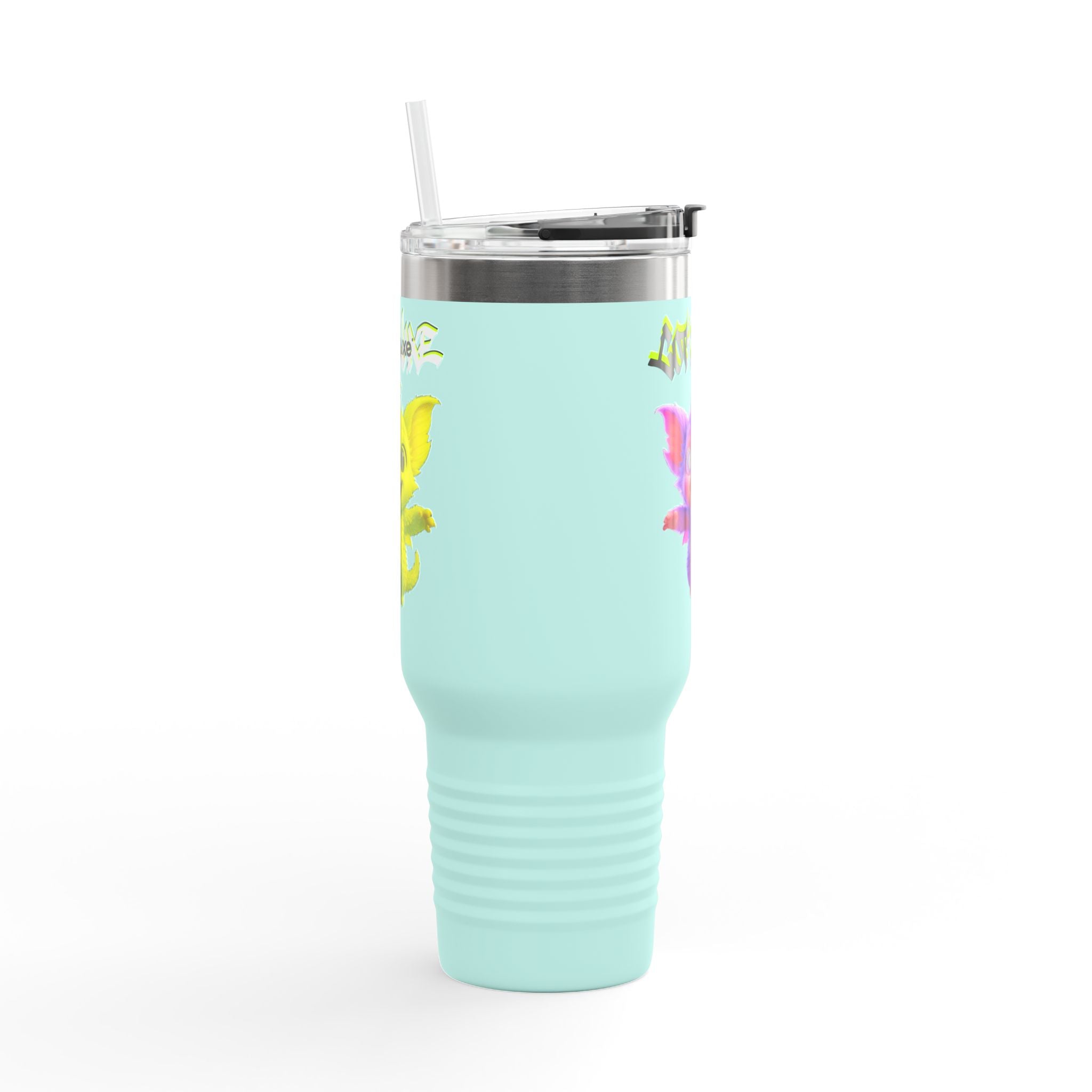 Cute Purple Creature with Graffiti Text 40oz Travel Mug, Insulated Tumbler, logo "COTTOLUXE"