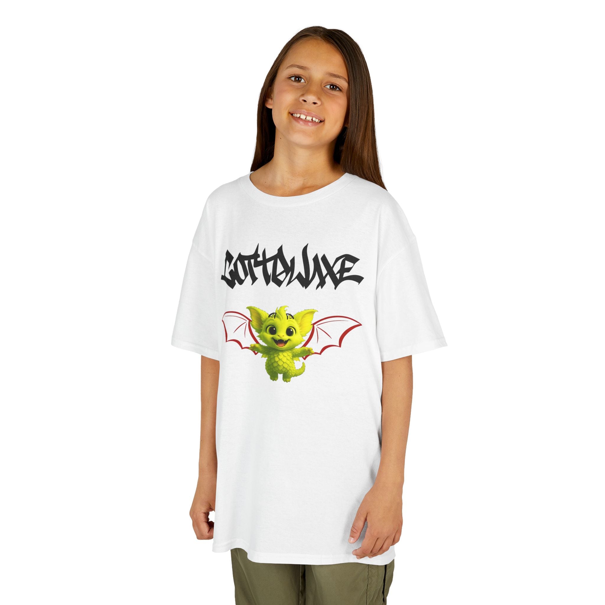 T-Shirt white - Cute Green Yume Kawaii Dragon Cat Kids - Bat Wings, Graffiti Text - logo "COTTOLUXE"