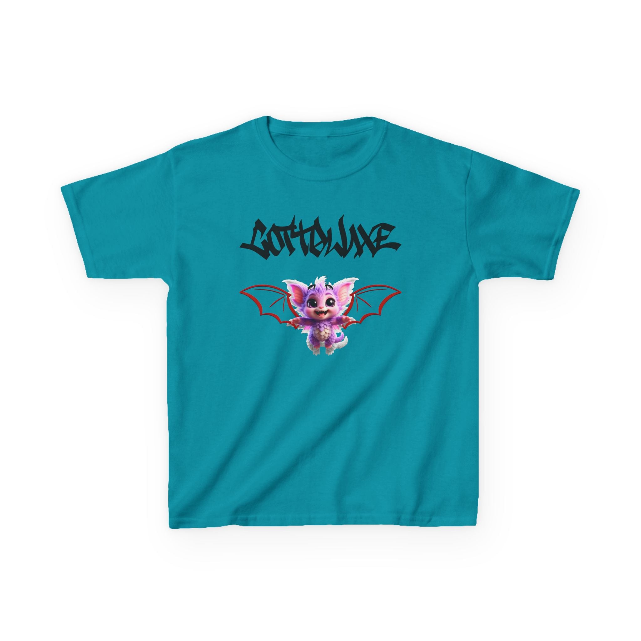 T-Shirt white - Cute Green Yume Kawaii Dragon Cat Kids - Bat Wings, Graffiti Text - logo "COTTOLUXE"