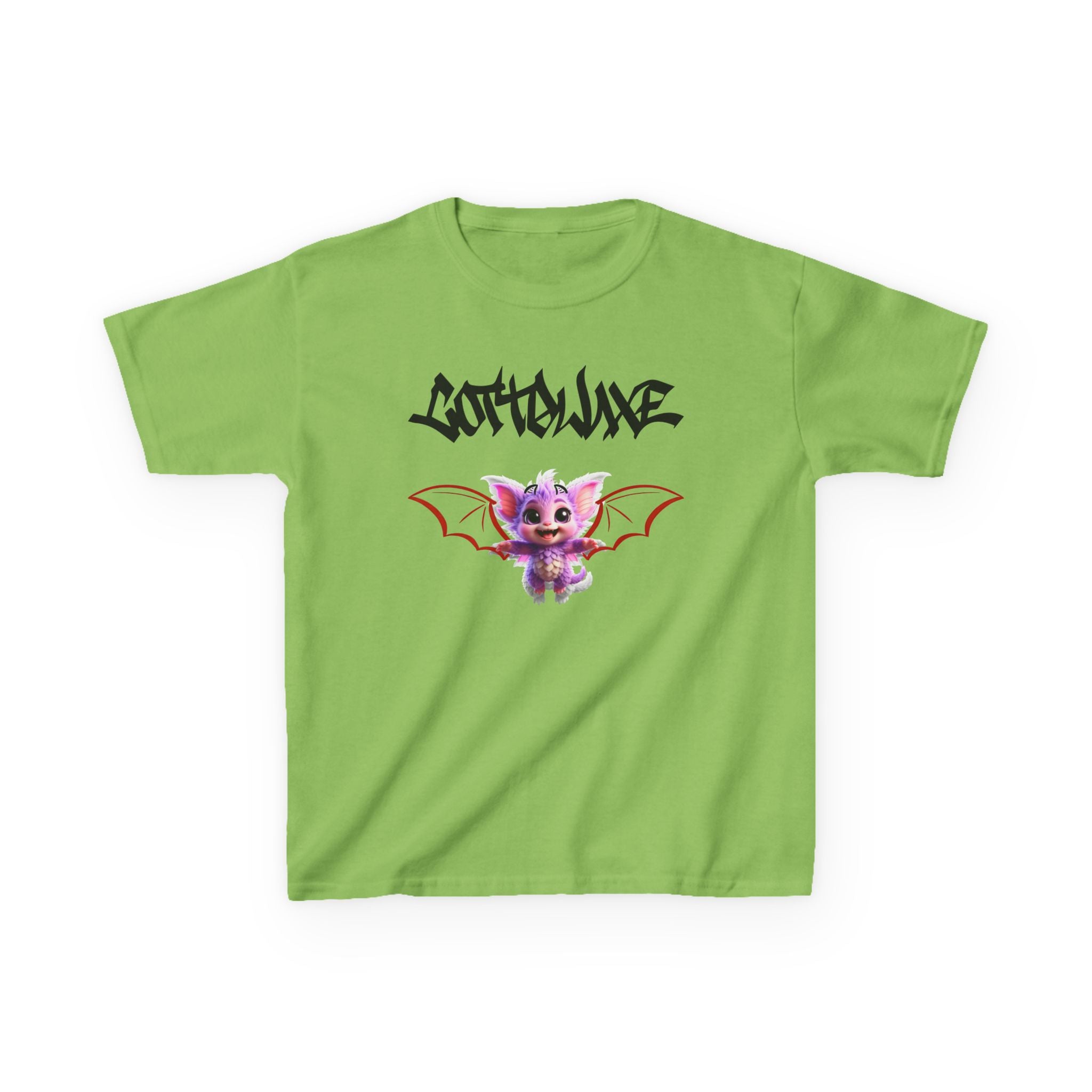 T-Shirt white - Cute Green Yume Kawaii Dragon Cat Kids - Bat Wings, Graffiti Text - logo "COTTOLUXE"