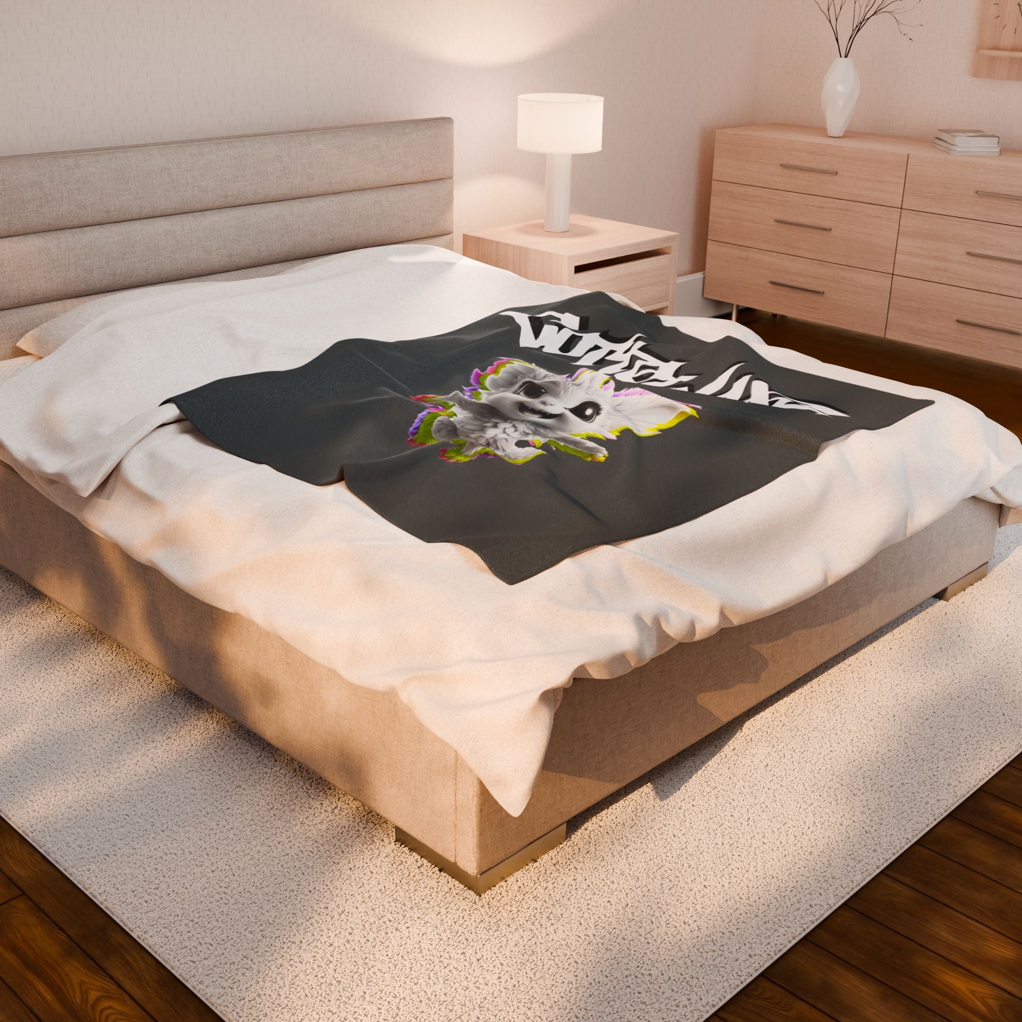 Gothique Script Logo Velveteen Plush Blanket, White Graffiti Text, logo "COTTOLUXE"