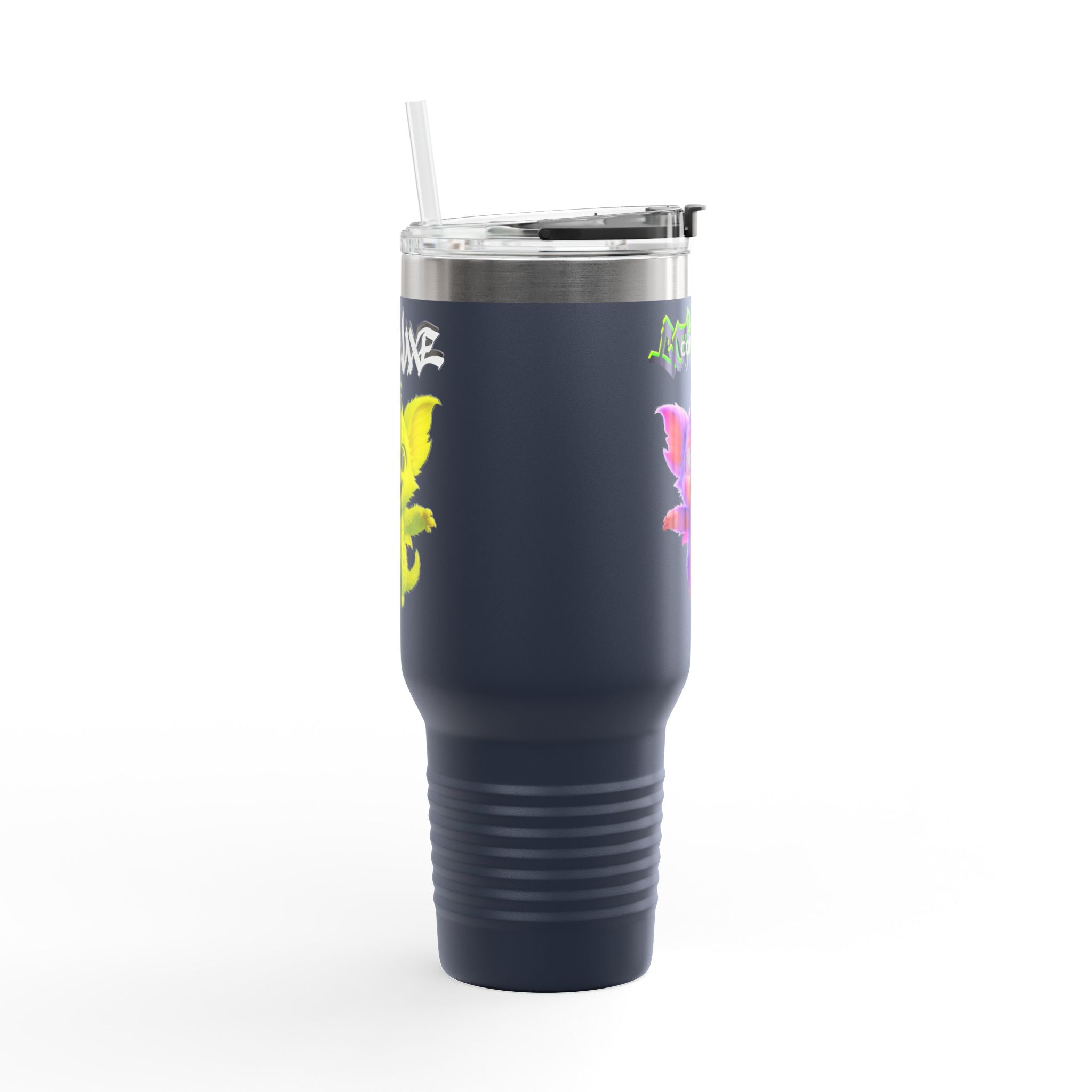 Cute Purple Creature with Graffiti Text 40oz Travel Mug, Insulated Tumbler, logo "COTTOLUXE"