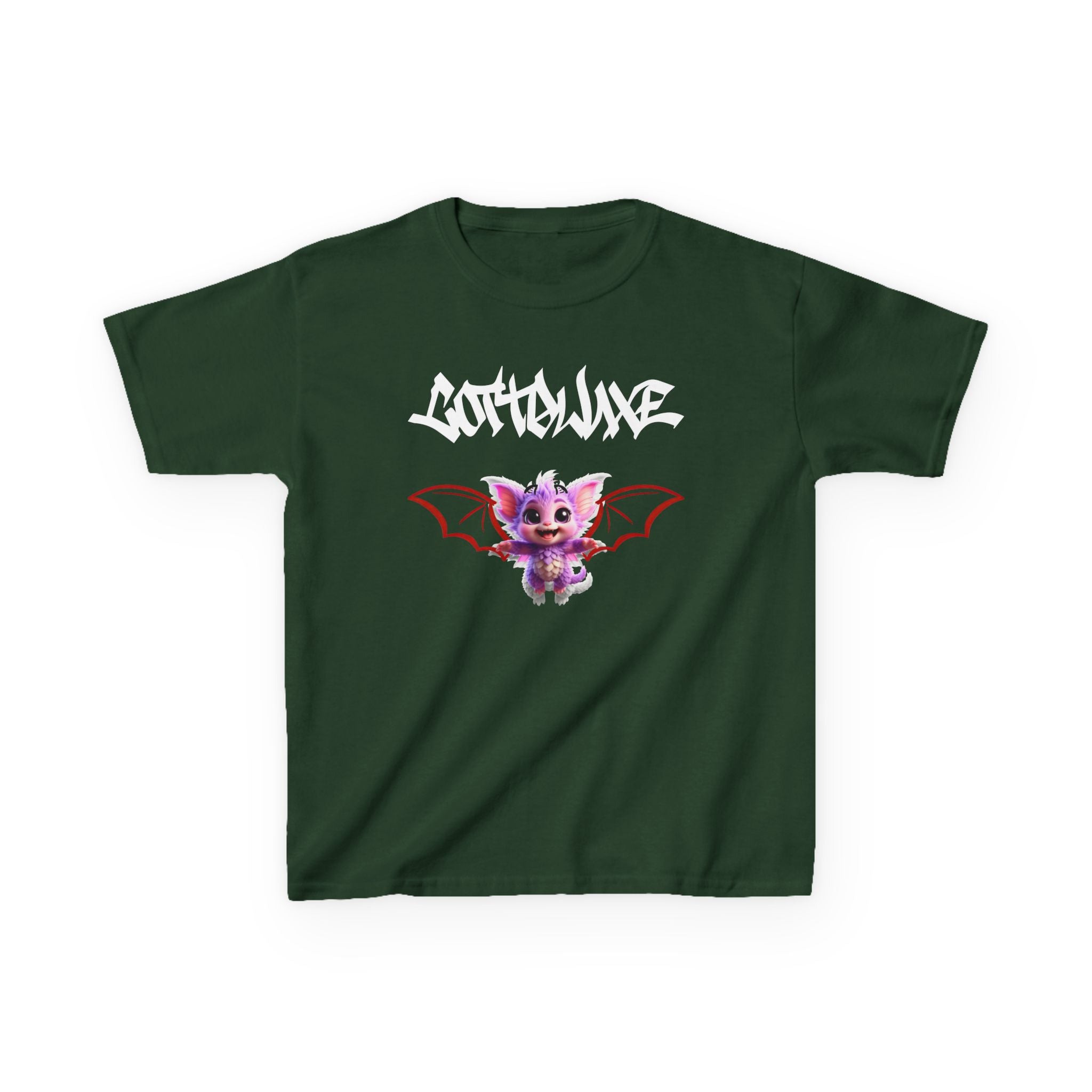 T-Shirt white - Cute Green Yume Kawaii Dragon Cat Kids - Bat Wings, Graffiti Text - logo "COTTOLUXE"