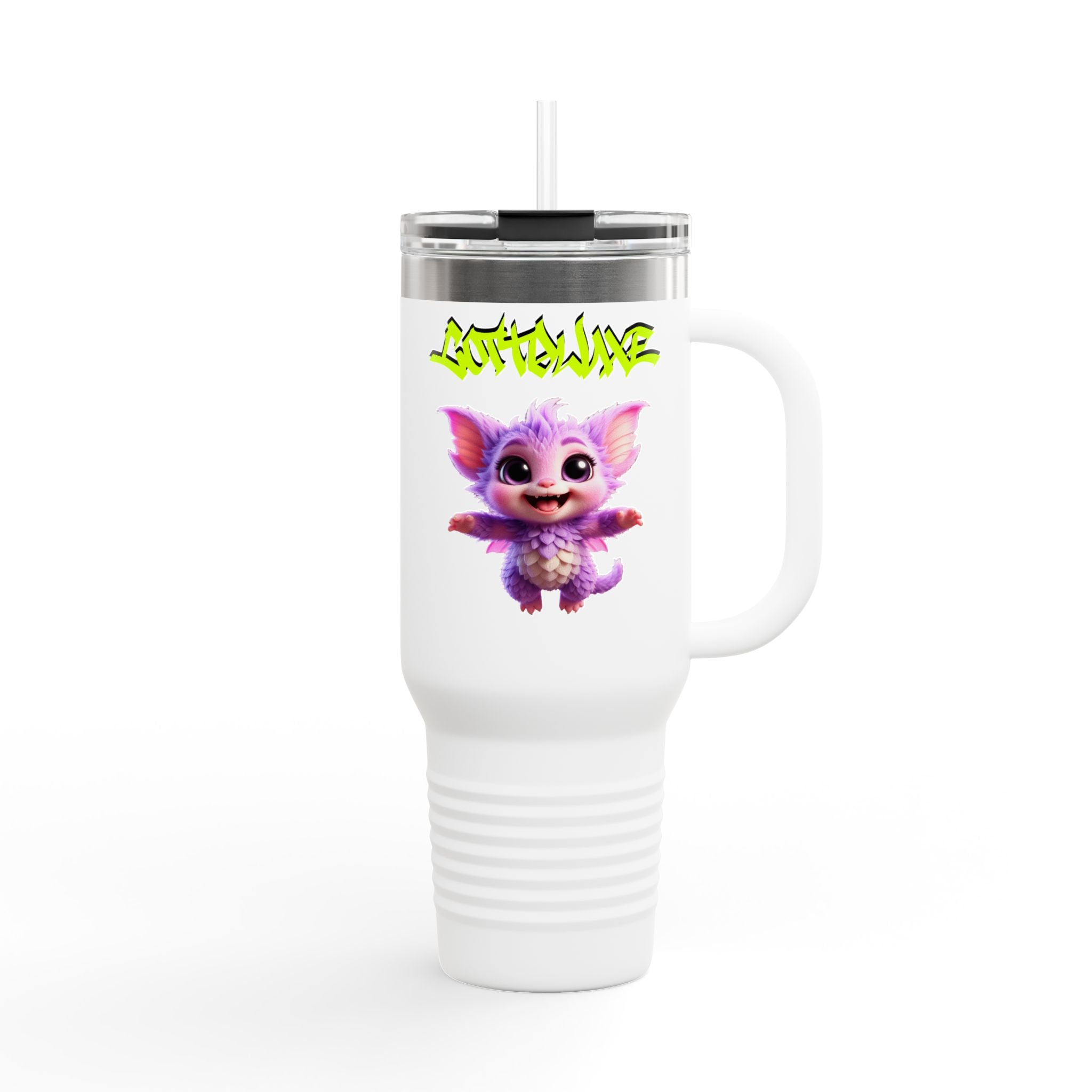 Cute Purple Creature with Graffiti Text 40oz Travel Mug, Insulated Tumbler, logo "COTTOLUXE"