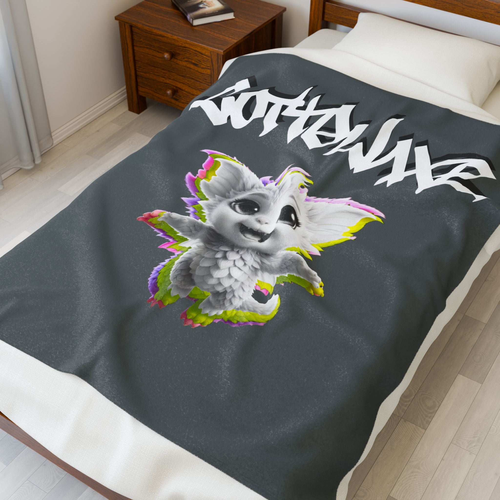 Gothique Script Logo Velveteen Plush Blanket, White Graffiti Text, logo "COTTOLUXE"