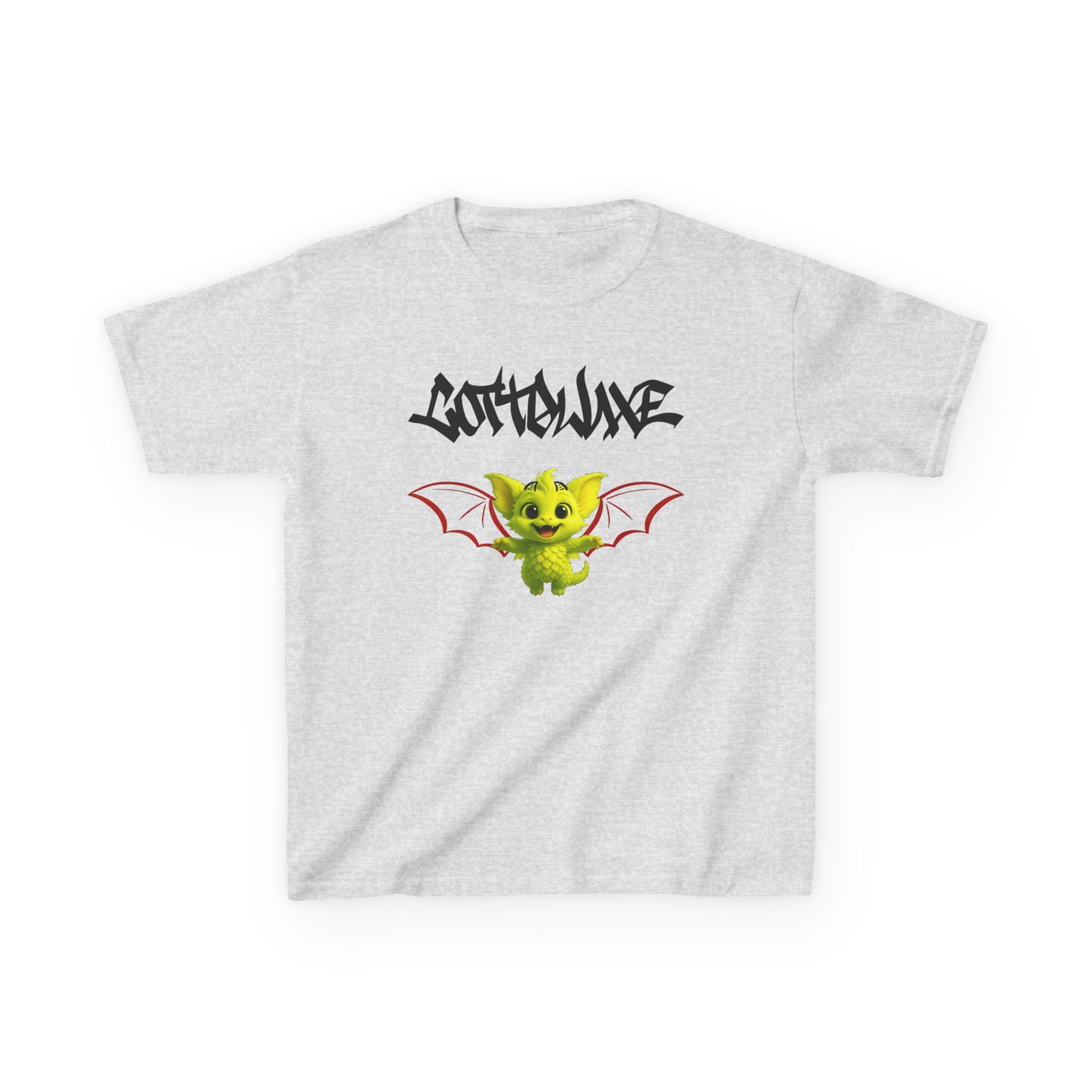 T-Shirt white - Cute Green Yume Kawaii Dragon Cat Kids - Bat Wings, Graffiti Text - logo "COTTOLUXE"