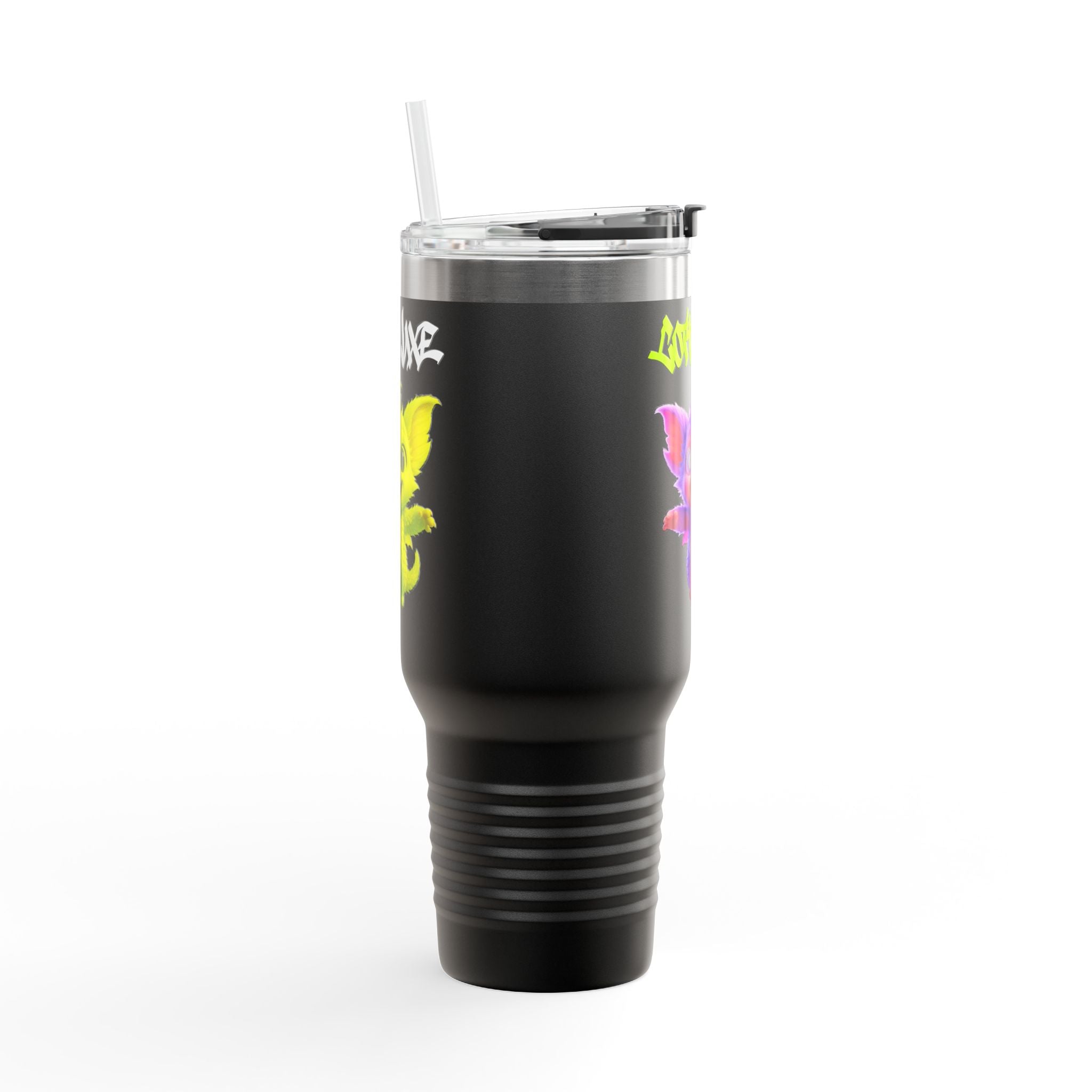 Cute Purple Creature with Graffiti Text 40oz Travel Mug, Insulated Tumbler, logo "COTTOLUXE"