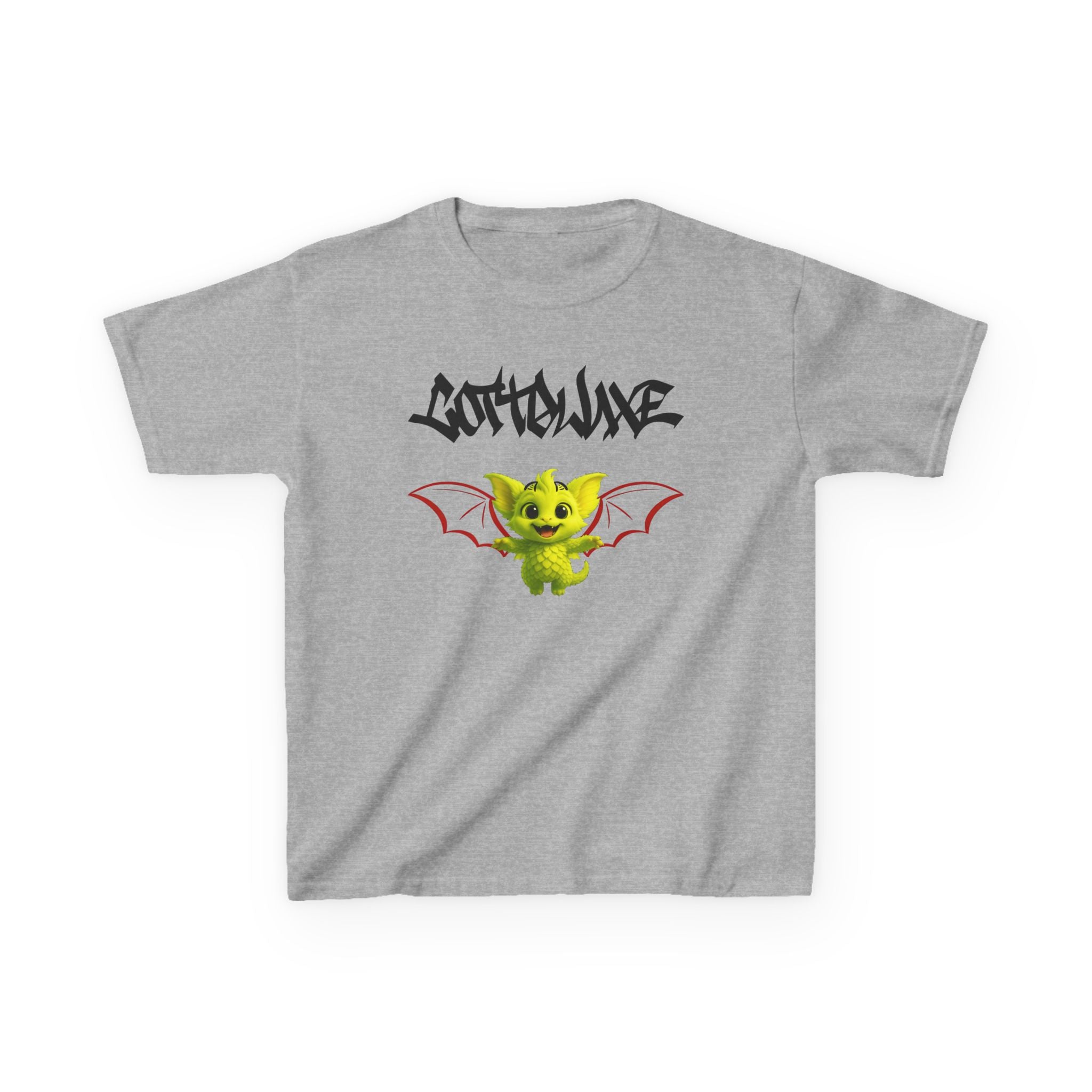 T-Shirt white - Cute Green Yume Kawaii Dragon Cat Kids - Bat Wings, Graffiti Text - logo "COTTOLUXE"