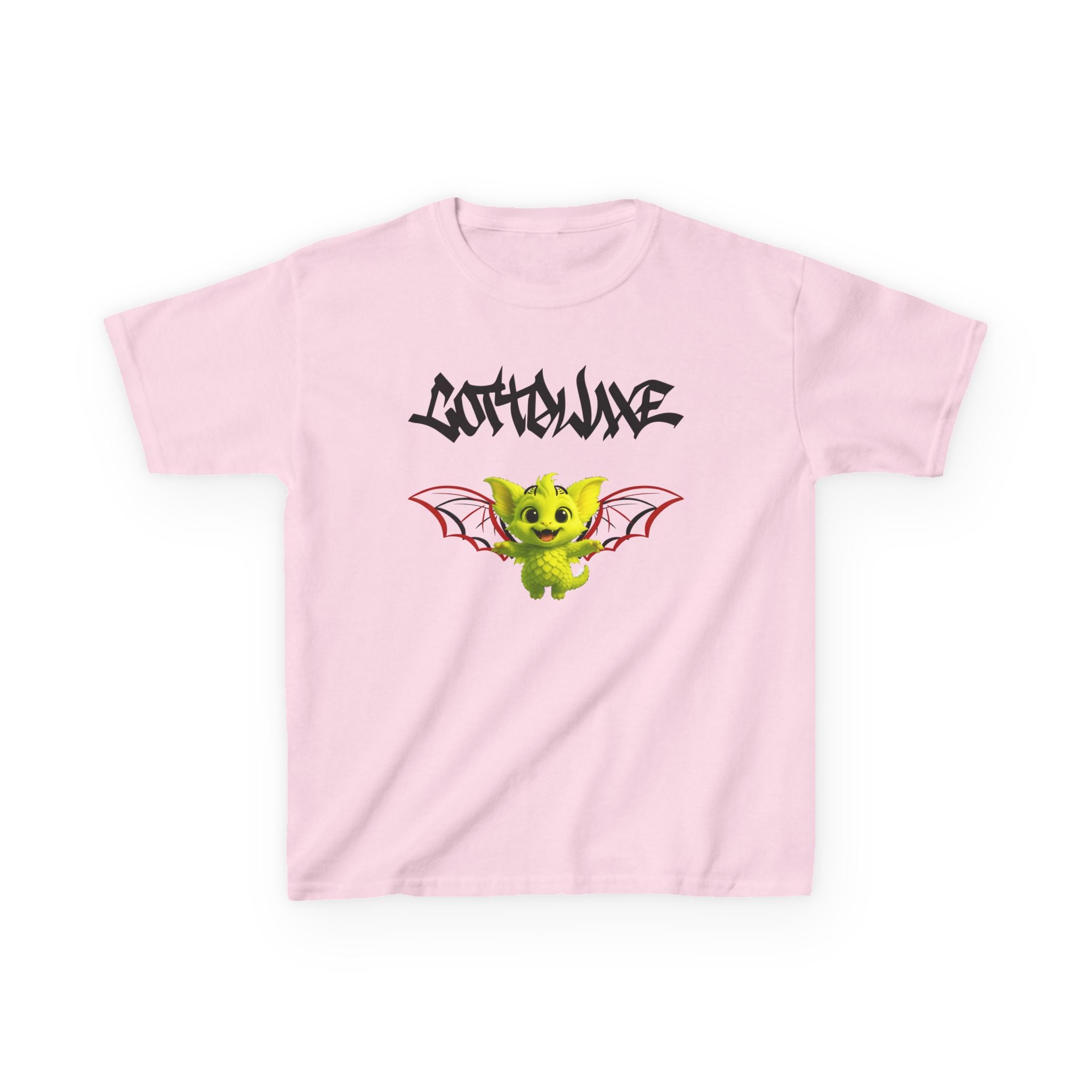 T-Shirt white - Cute Green Yume Kawaii Dragon Cat Kids - Bat Wings, Graffiti Text - logo "COTTOLUXE"